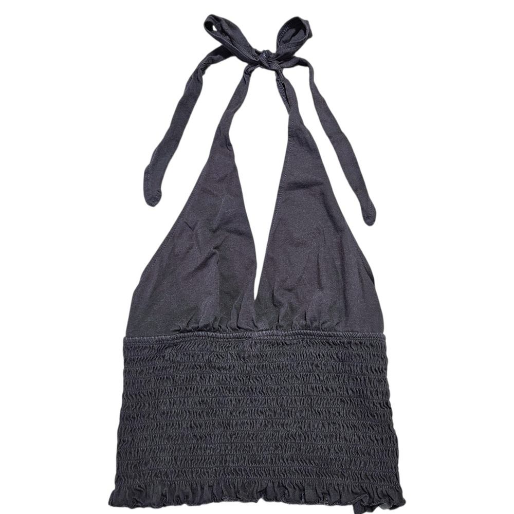 American Eagle Y2K Halter Top XS Black Smocked Ruffle Stretch Crop Cami Tie Neck - Picture 4 of 11